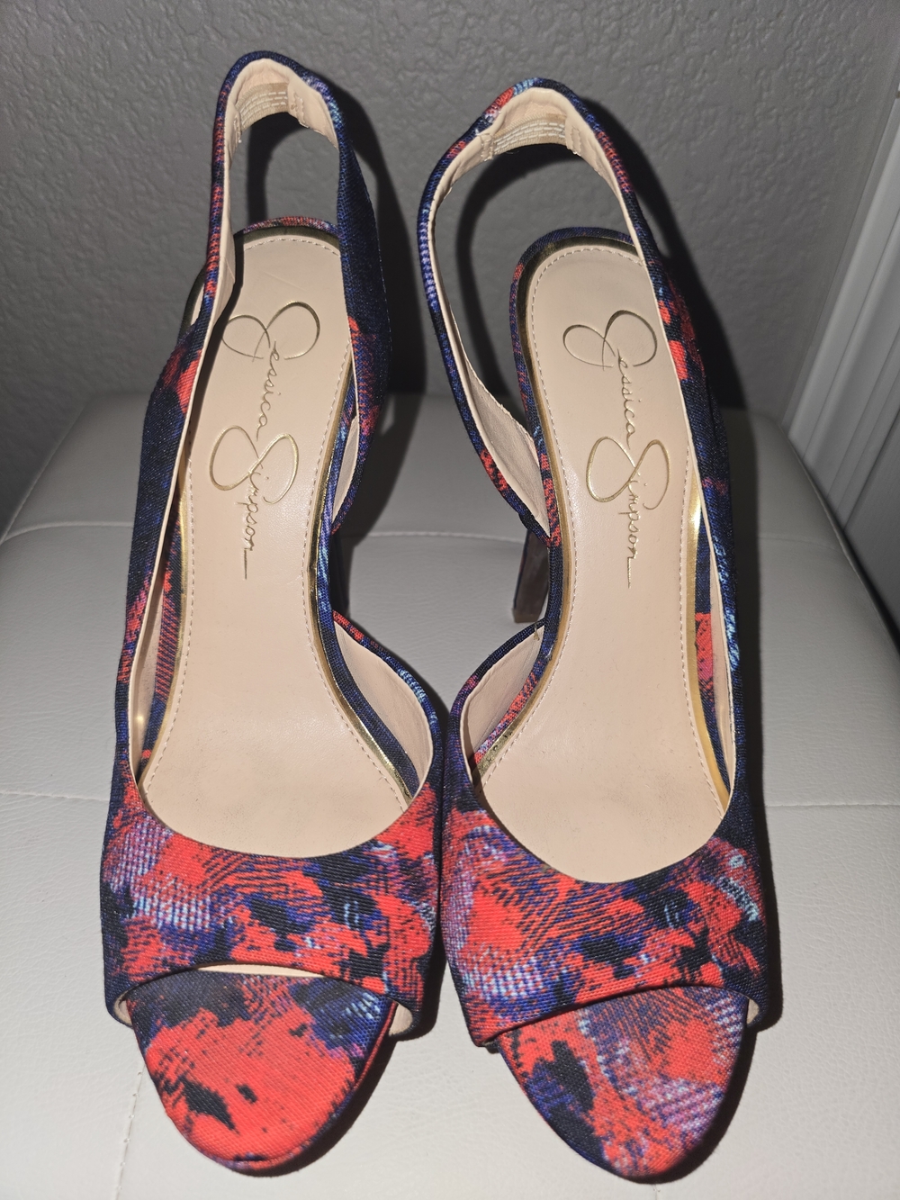 Jessica Simpson Red and Navy Abstract Slingback Peep-Toe Heels